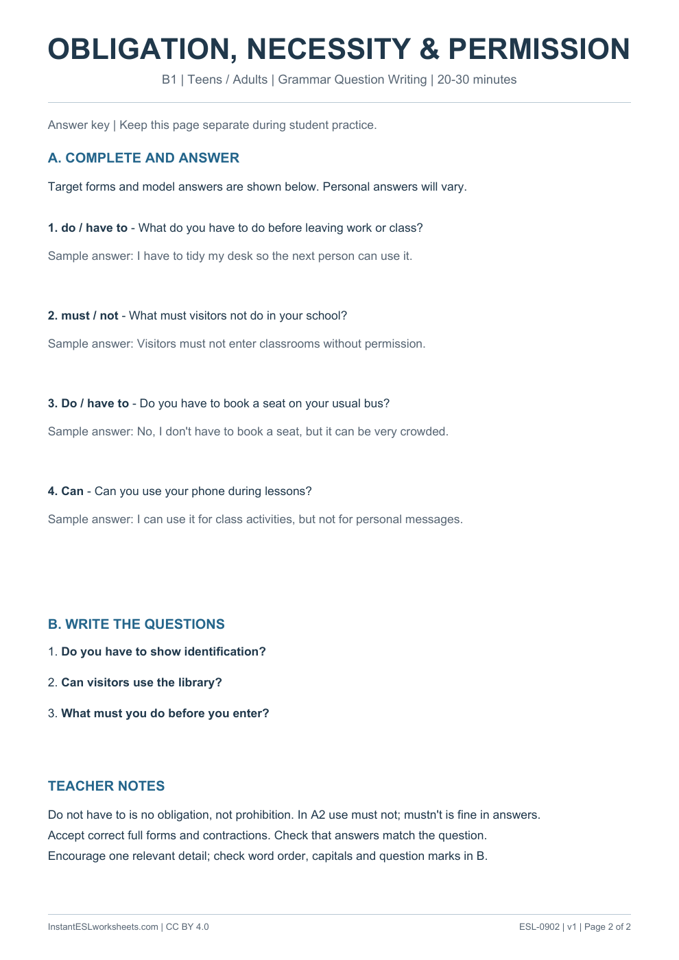 Page 2 of Modals Obligation Necessity Permission - Grammar Question Writing - answer key