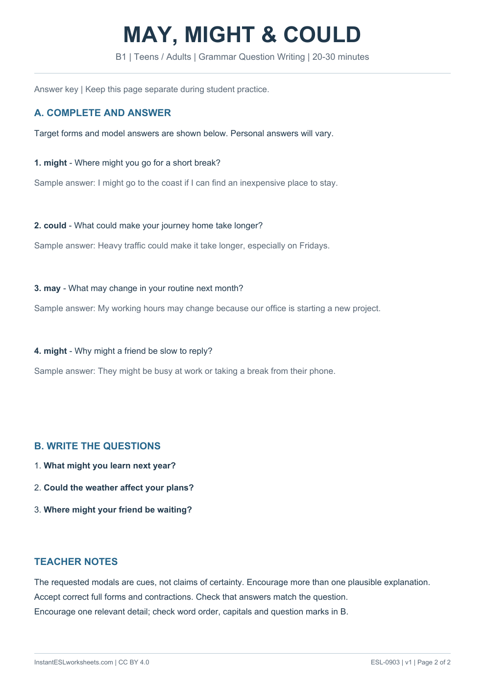 Page 2 of Modals Possibility - Grammar Question Writing - answer key
