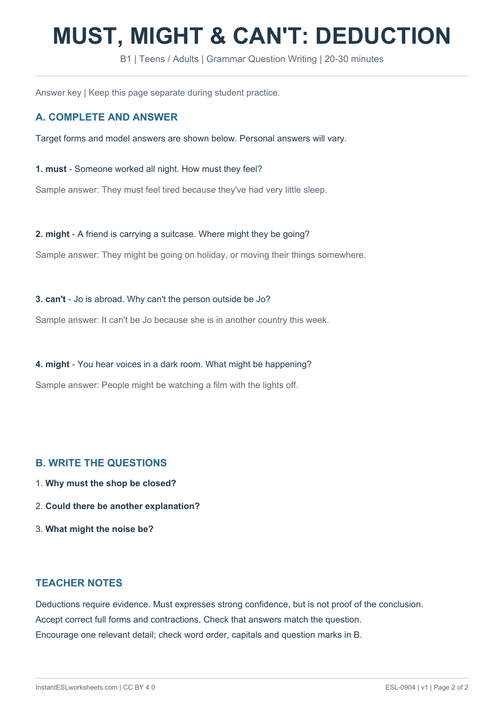 Page 2 of Modals Deduction - Grammar Question Writing - answer key