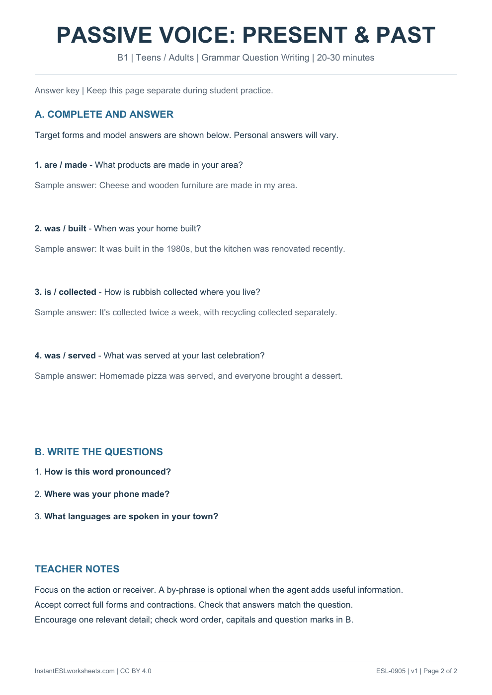 Page 2 of Passive Voice - Grammar Question Writing - answer key