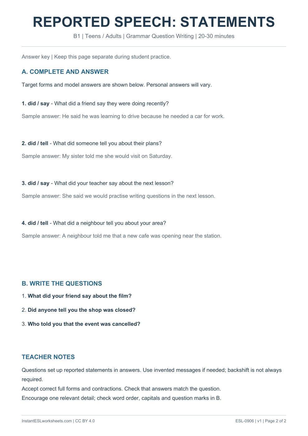 Page 2 of Reported Speech Statements - Grammar Question Writing - answer key