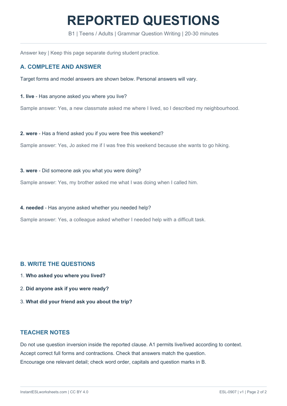 Page 2 of Reported Questions - Grammar Question Writing - answer key