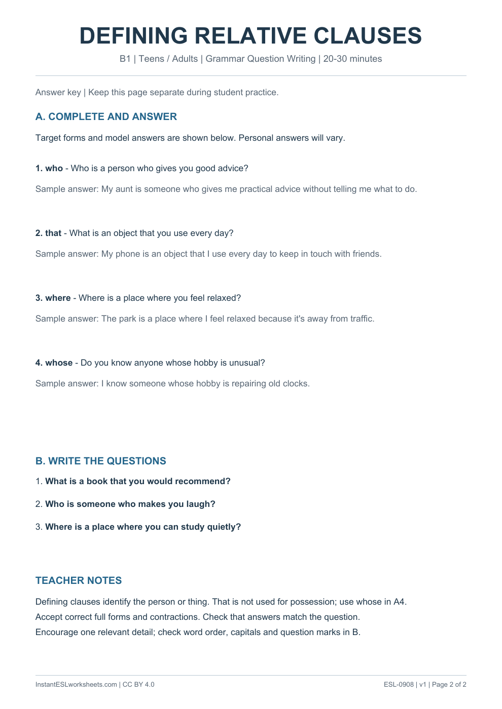 Page 2 of Defining Relative Clauses - Grammar Question Writing - answer key