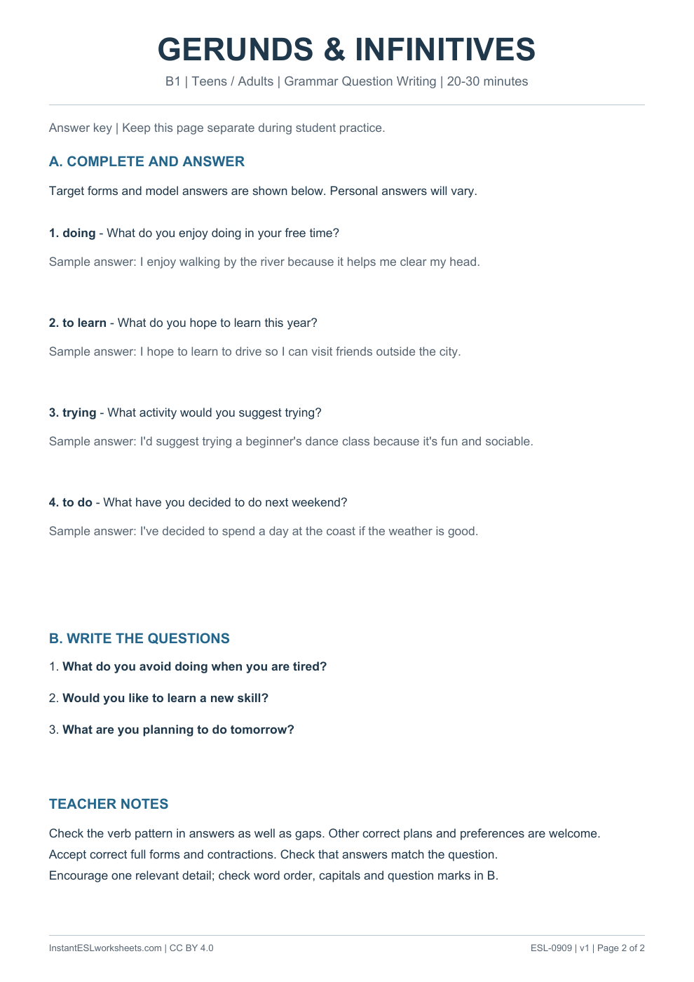 Page 2 of Gerunds and Infinitives - Grammar Question Writing - answer key