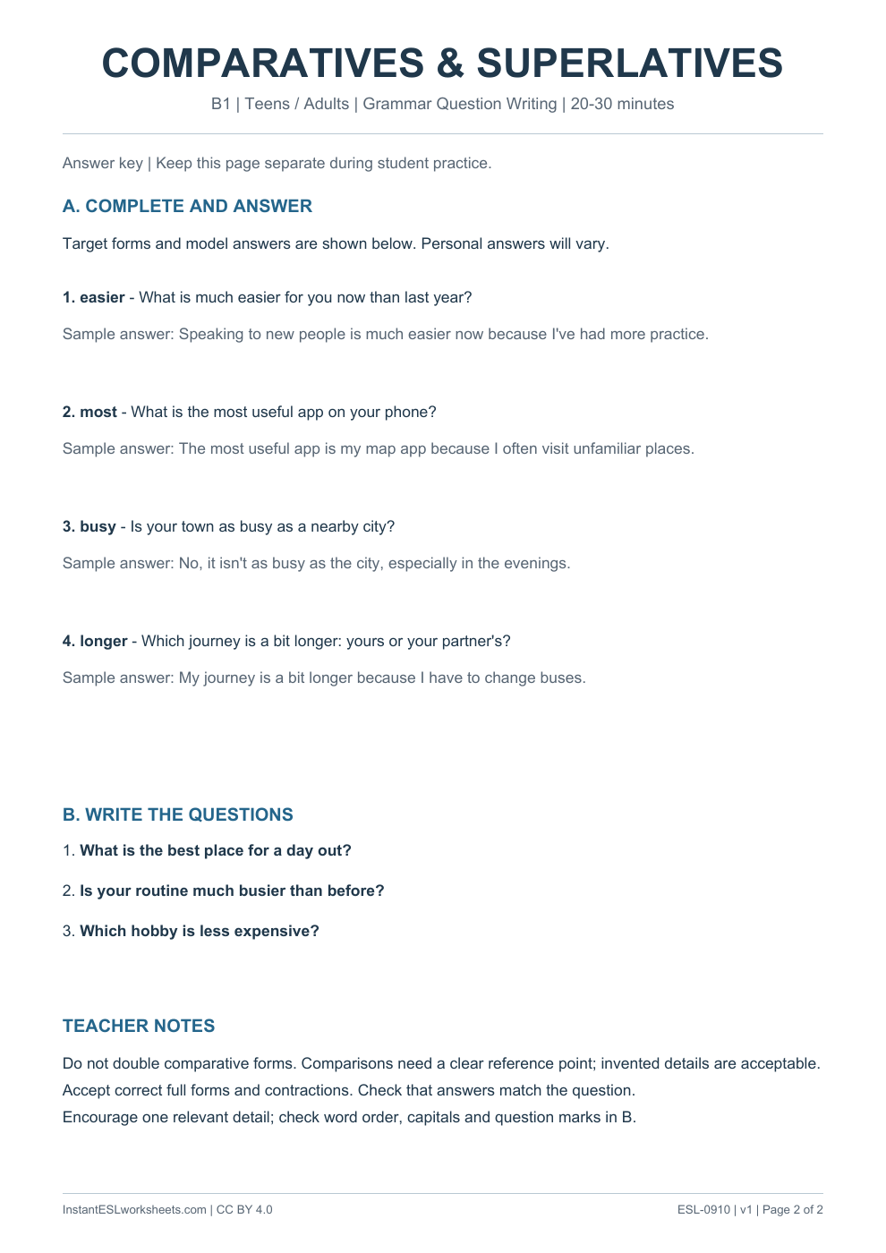 Page 2 of Comparatives and Superlatives - Grammar Question Writing - answer key