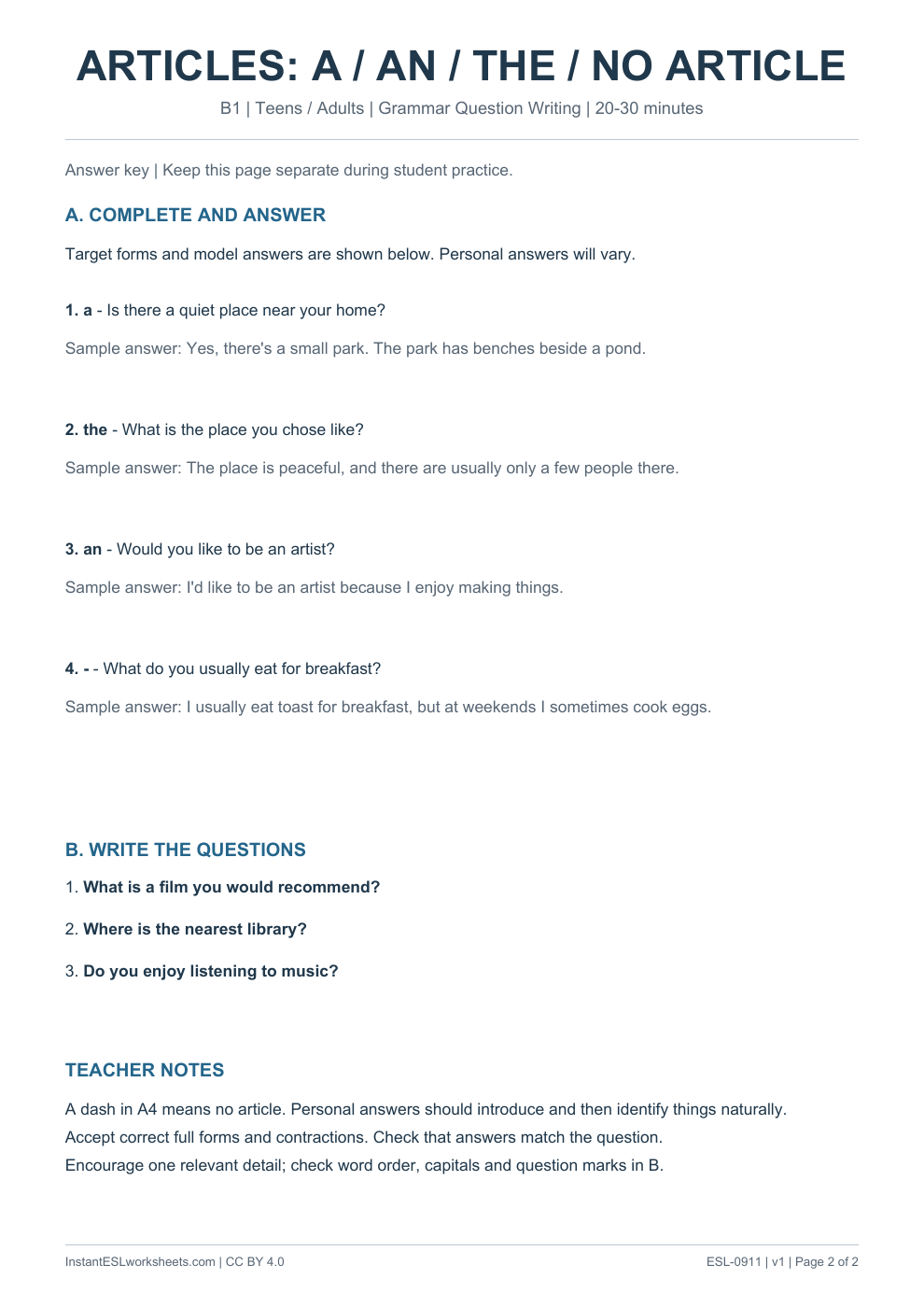 Page 2 of Articles - Grammar Question Writing - answer key