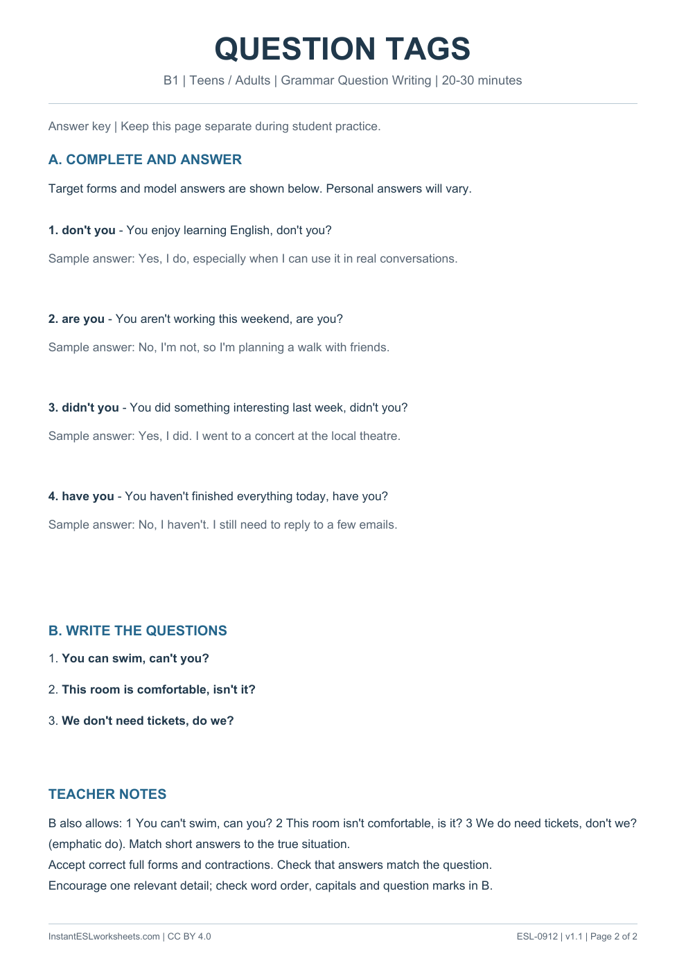 Page 2 of Question Tags - Grammar Question Writing - answer key