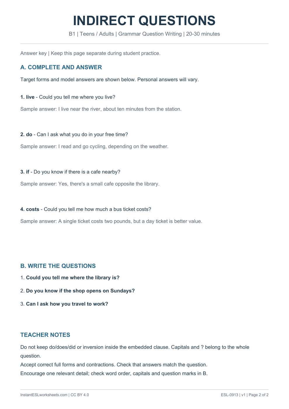 Page 2 of Indirect Questions - Grammar Question Writing - answer key