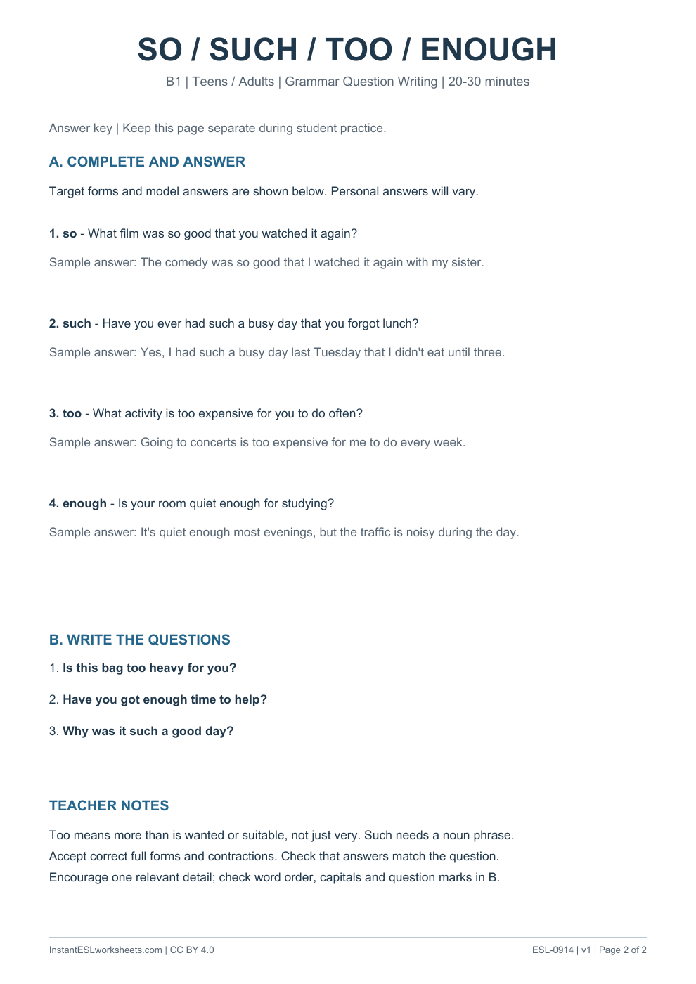 Page 2 of So Such Too Enough - Grammar Question Writing - answer key
