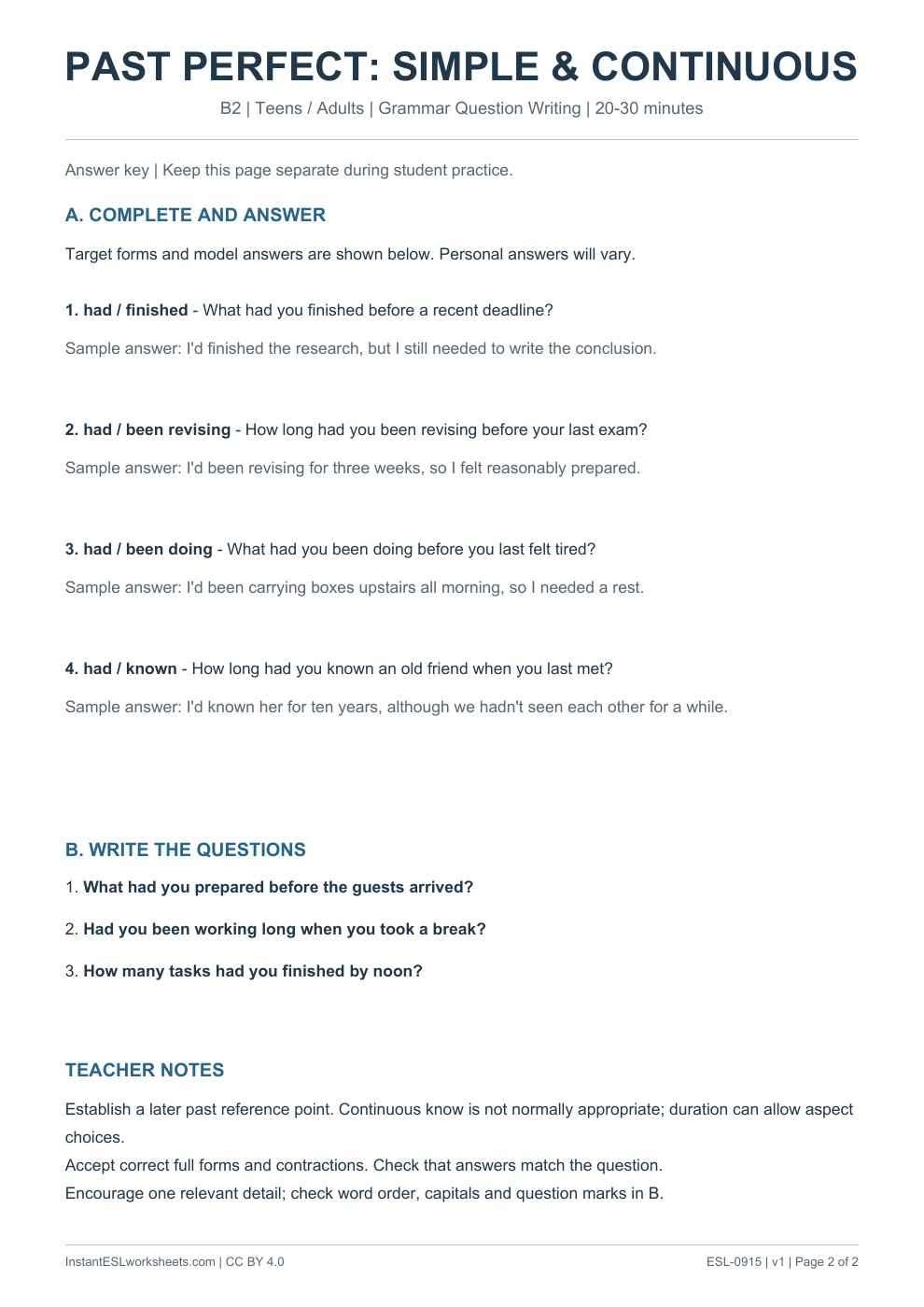 Page 2 of Past Perfect Simple and Continuous - Grammar Question Writing - answer key