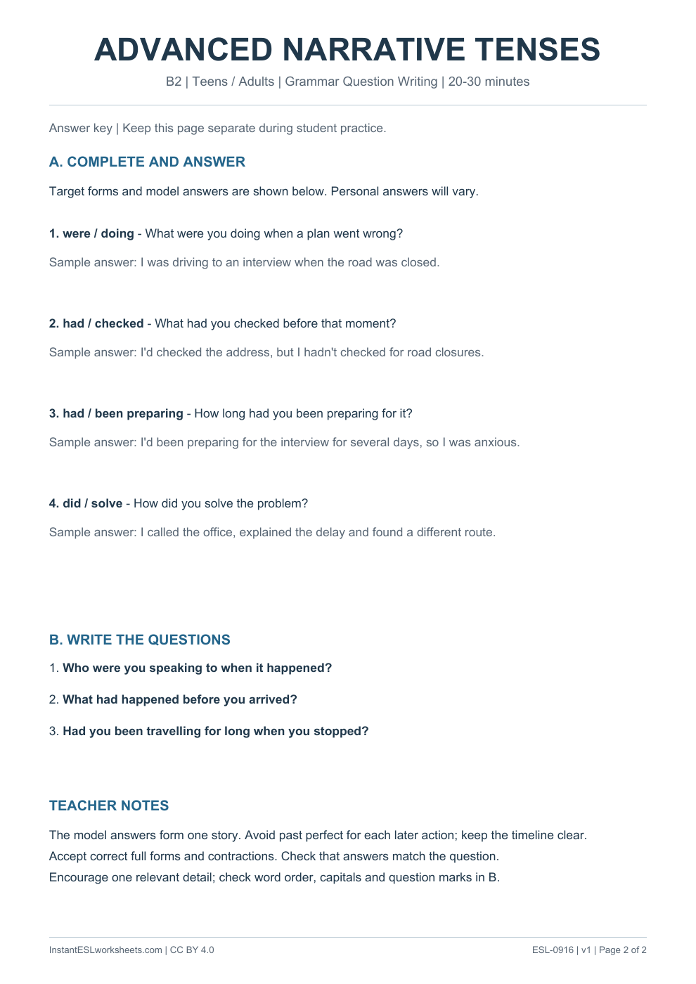Page 2 of Advanced Narrative Tenses - Grammar Question Writing - answer key