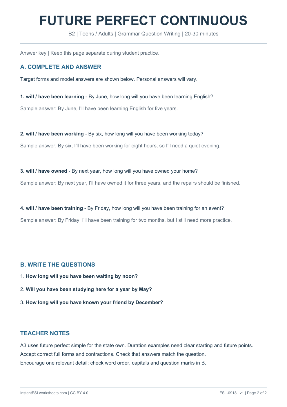 Page 2 of Future Perfect Continuous - Grammar Question Writing - answer key