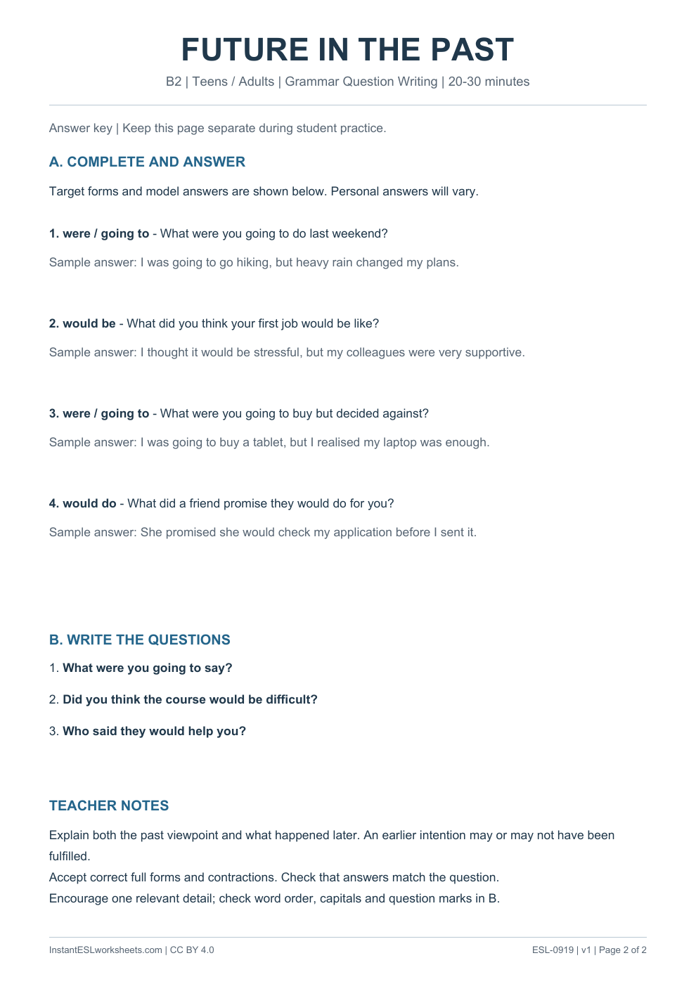 Page 2 of Future in the Past - Grammar Question Writing - answer key