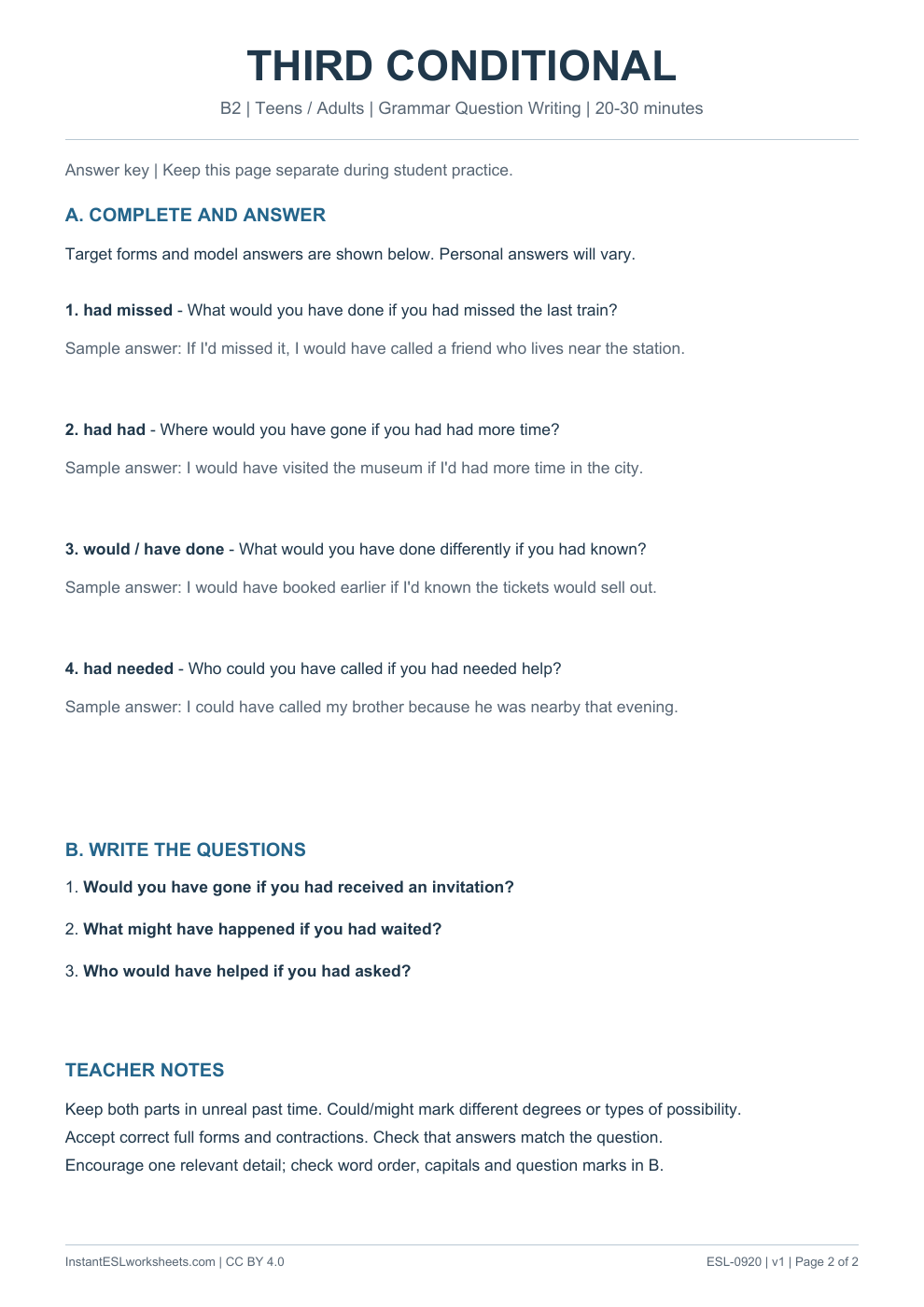 Page 2 of Third Conditional - Grammar Question Writing - answer key