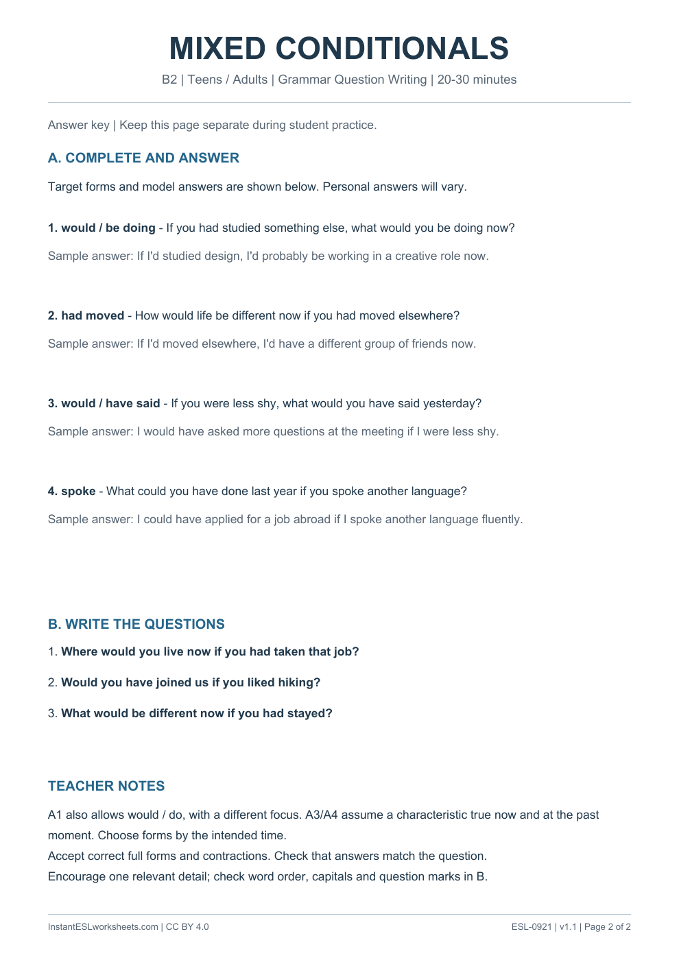 Page 2 of Mixed Conditionals - Grammar Question Writing - answer key