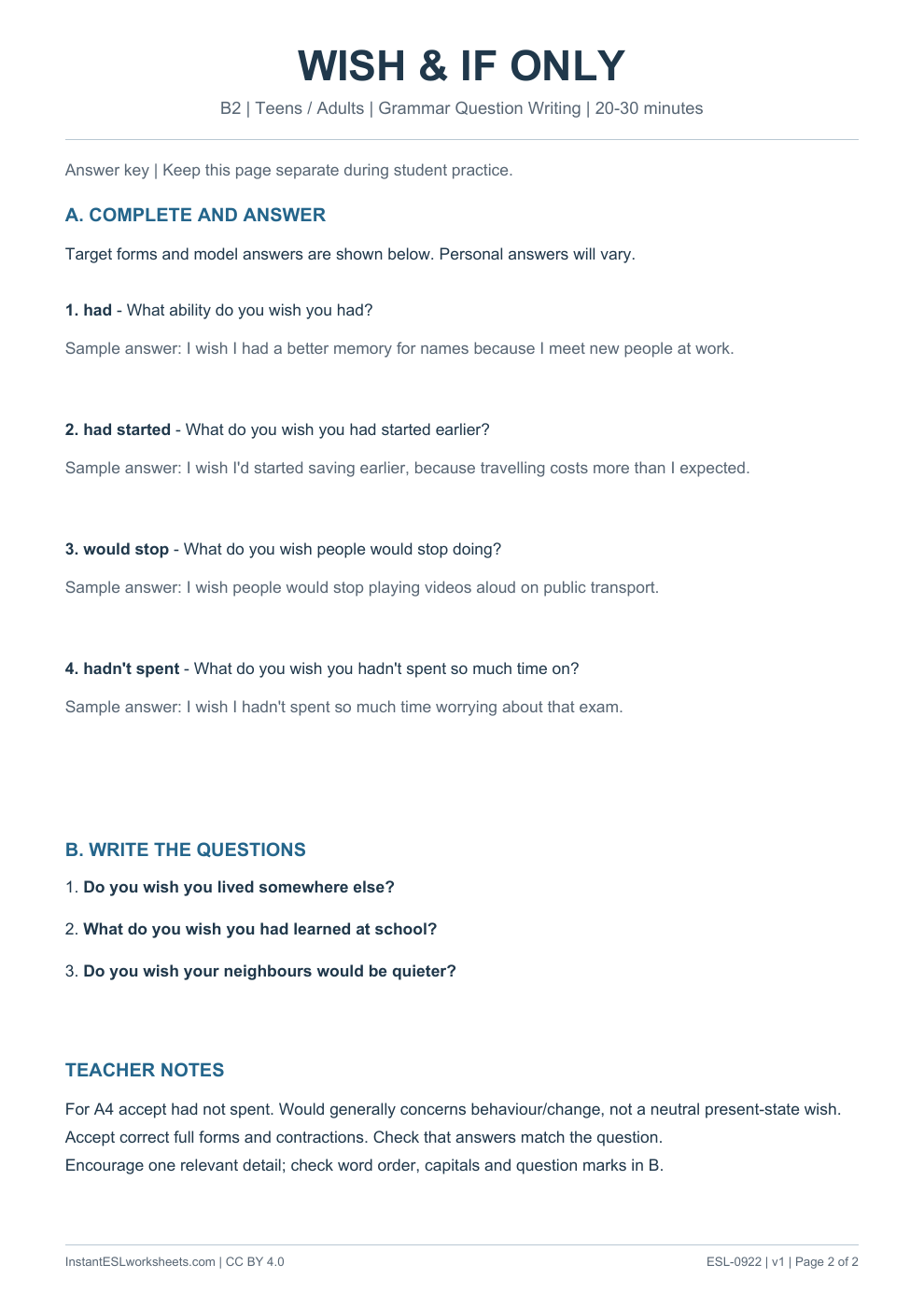 Page 2 of Wish and If Only - Grammar Question Writing - answer key