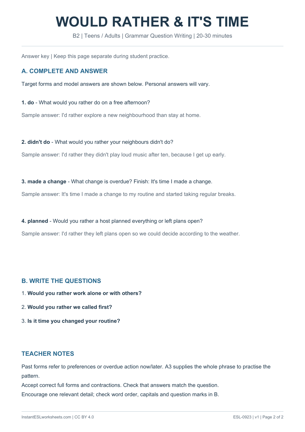 Page 2 of Would Rather and Its Time - Grammar Question Writing - answer key