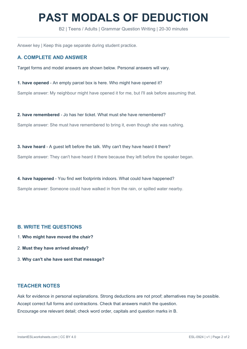 Page 2 of Past Modals of Deduction - Grammar Question Writing - answer key
