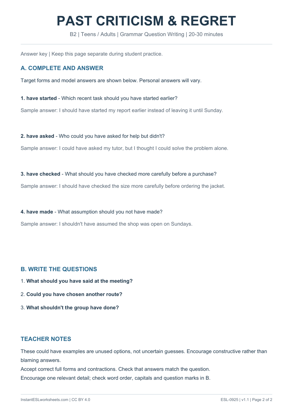 Page 2 of Past Criticism and Regret - Grammar Question Writing - answer key