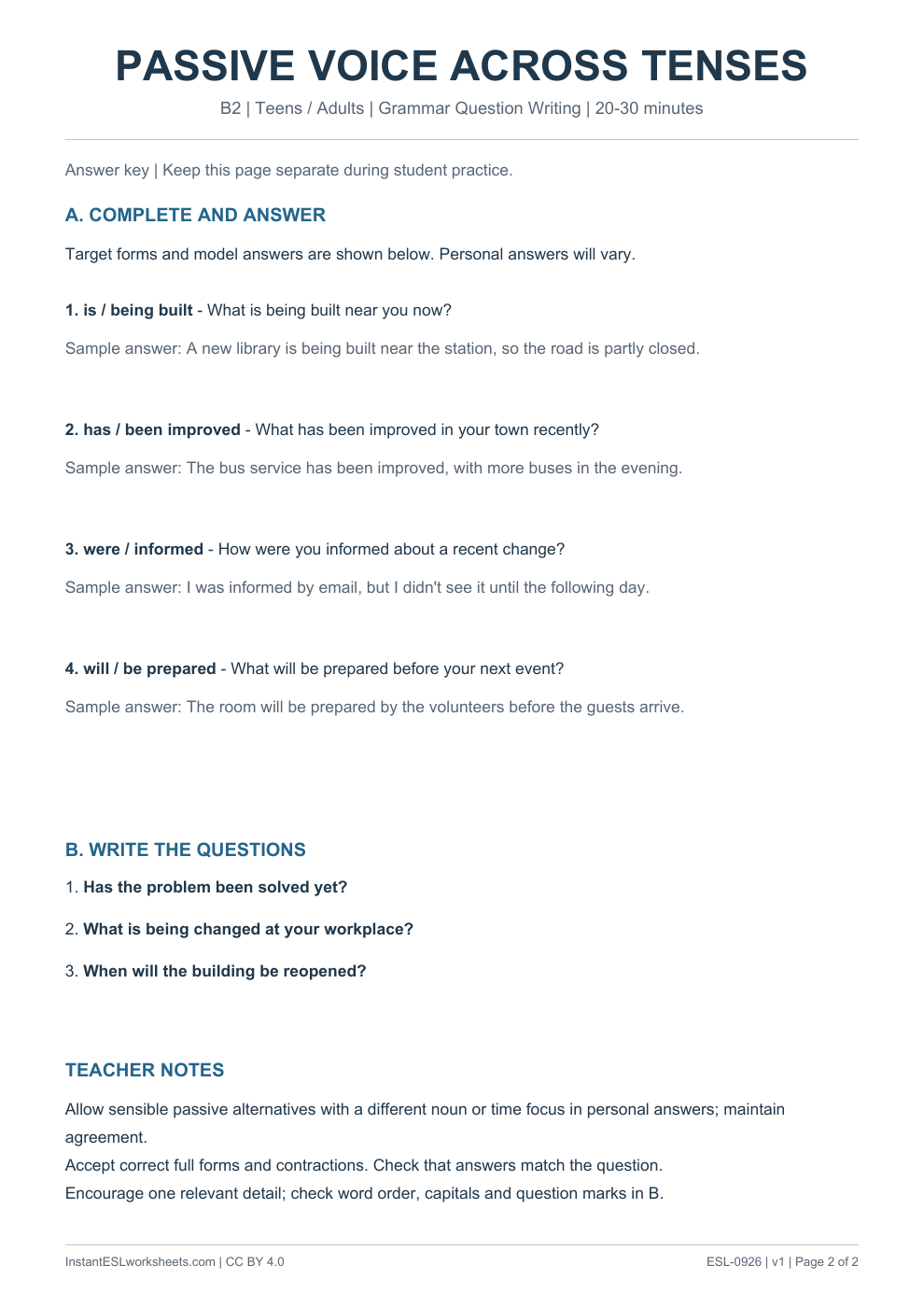 Page 2 of Passive Voice Across Tenses - Grammar Question Writing - answer key