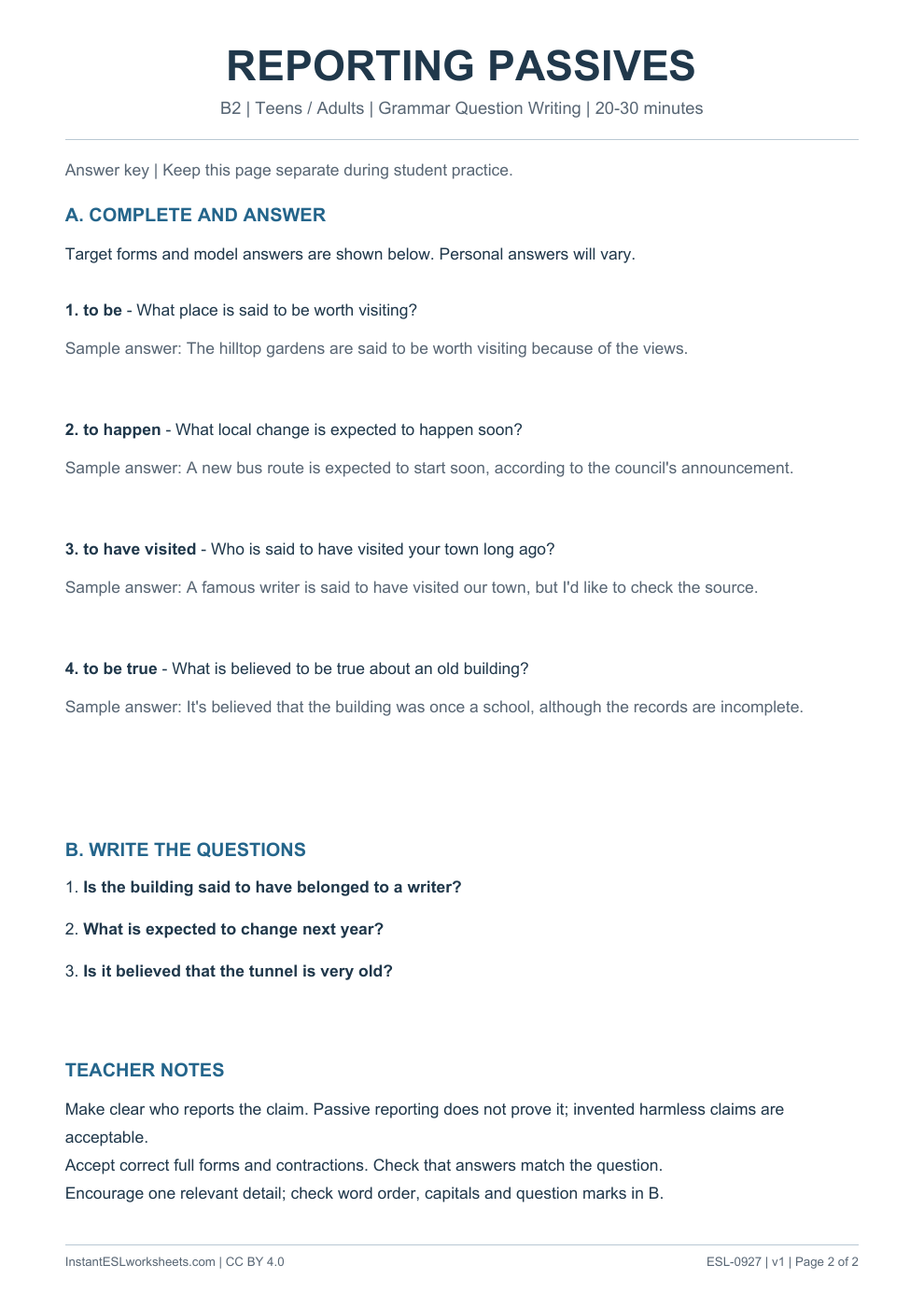 Page 2 of Reporting Passives - Grammar Question Writing - answer key