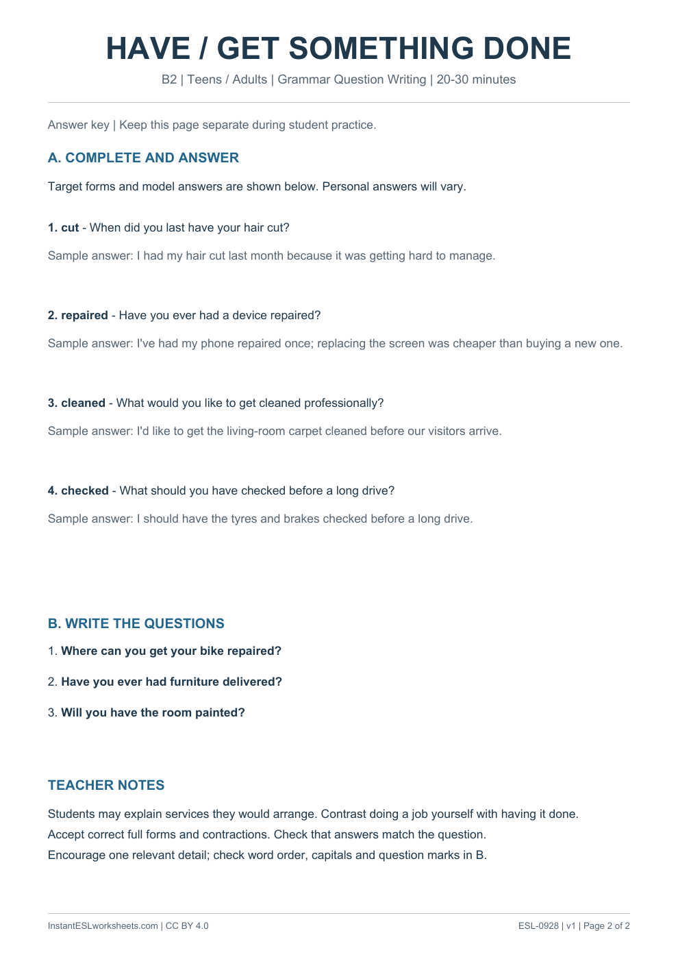 Page 2 of Have Get Something Done - Grammar Question Writing - answer key