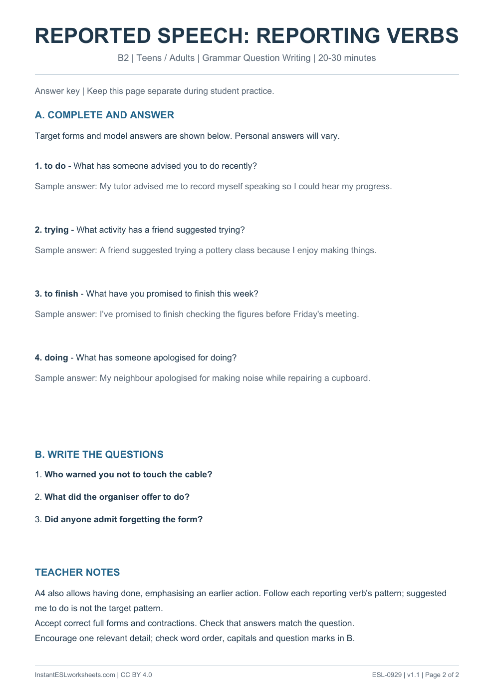 Page 2 of Reported Speech Reporting Verbs - Grammar Question Writing - answer key