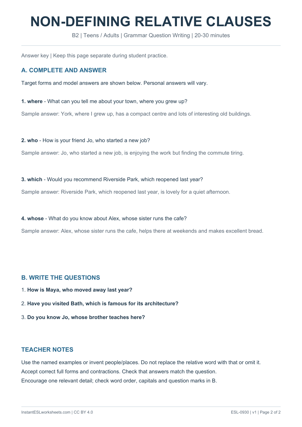 Page 2 of Non Defining Relative Clauses - Grammar Question Writing - answer key