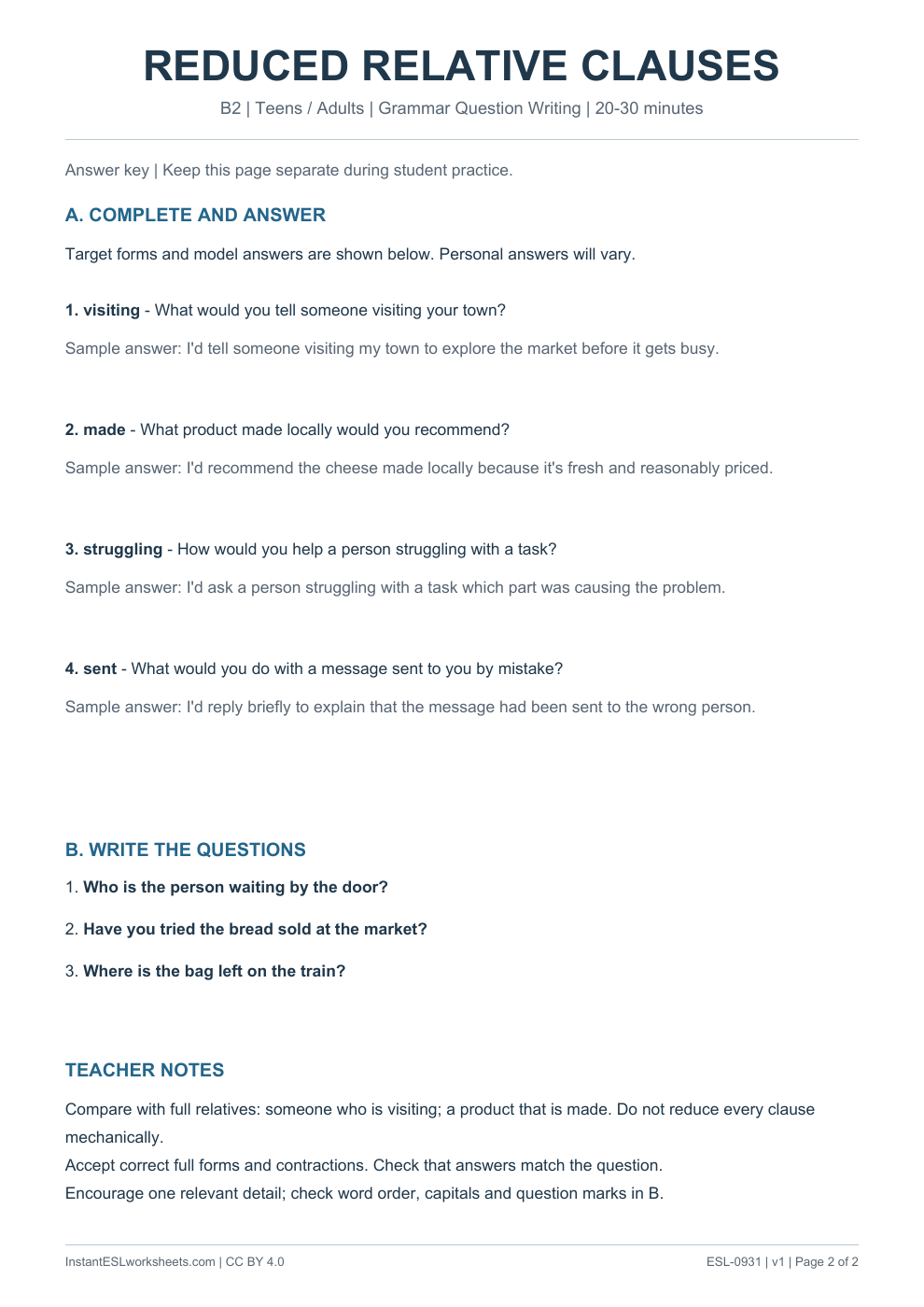 Page 2 of Reduced Relative Clauses - Grammar Question Writing - answer key