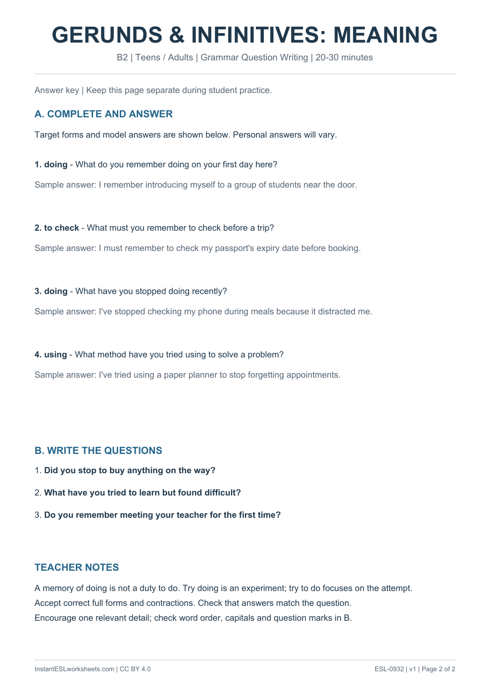 Page 2 of Gerunds and Infinitives Meaning Changes - Grammar Question Writing - answer key