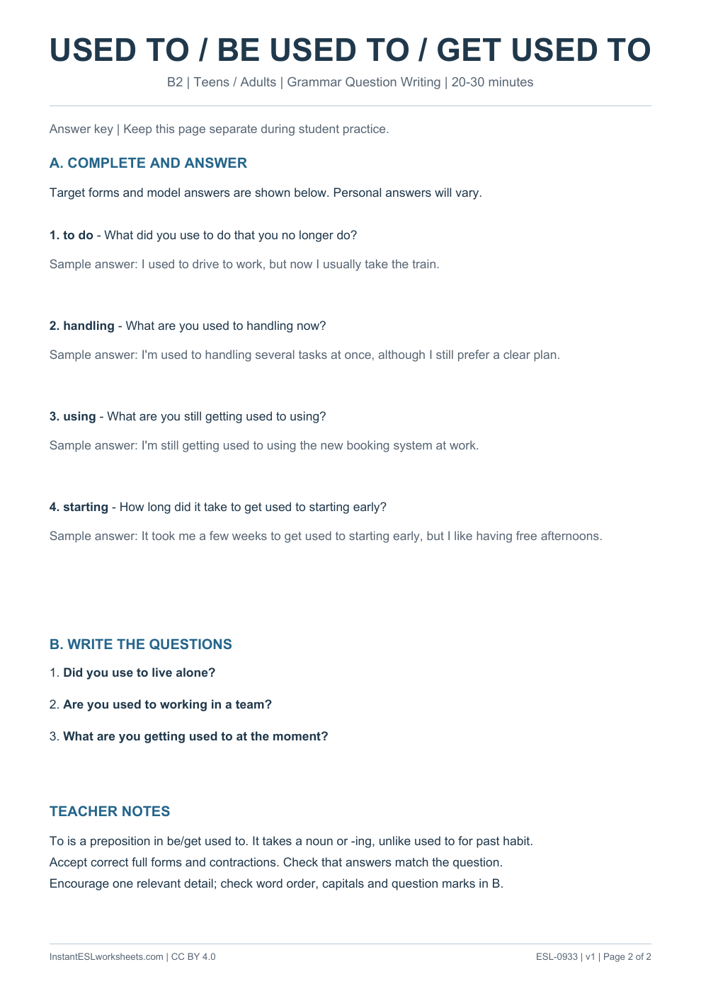 Page 2 of Used To Be Used To Get Used To - Grammar Question Writing - answer key