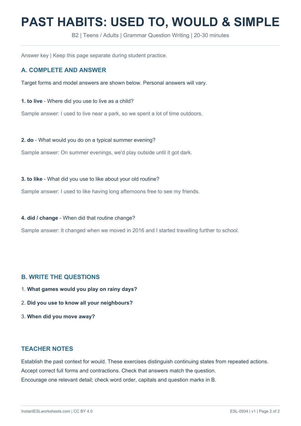 Page 2 of Past Habits Used To Would Past Simple - Grammar Question Writing - answer key