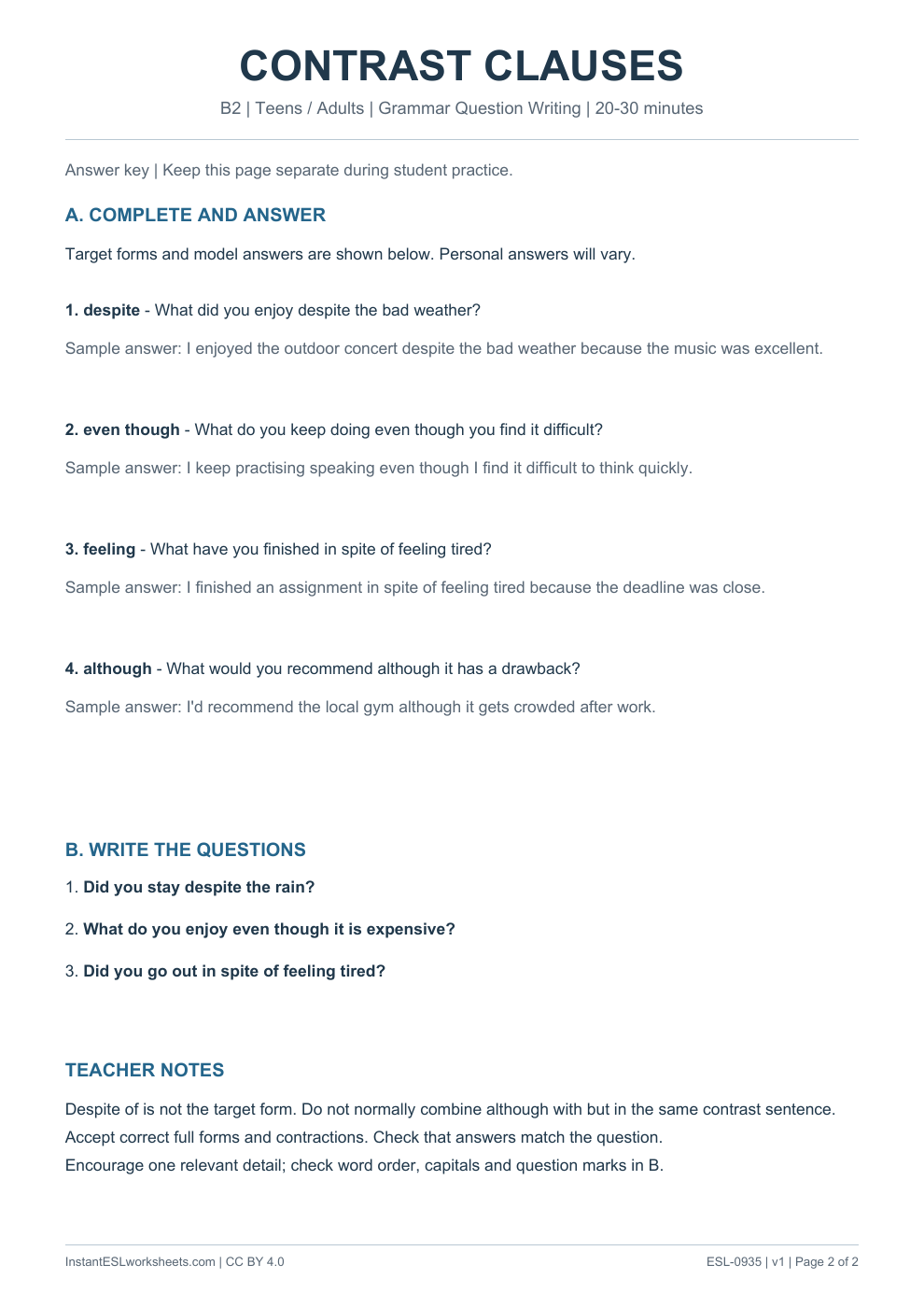 Page 2 of Contrast Clauses - Grammar Question Writing - answer key
