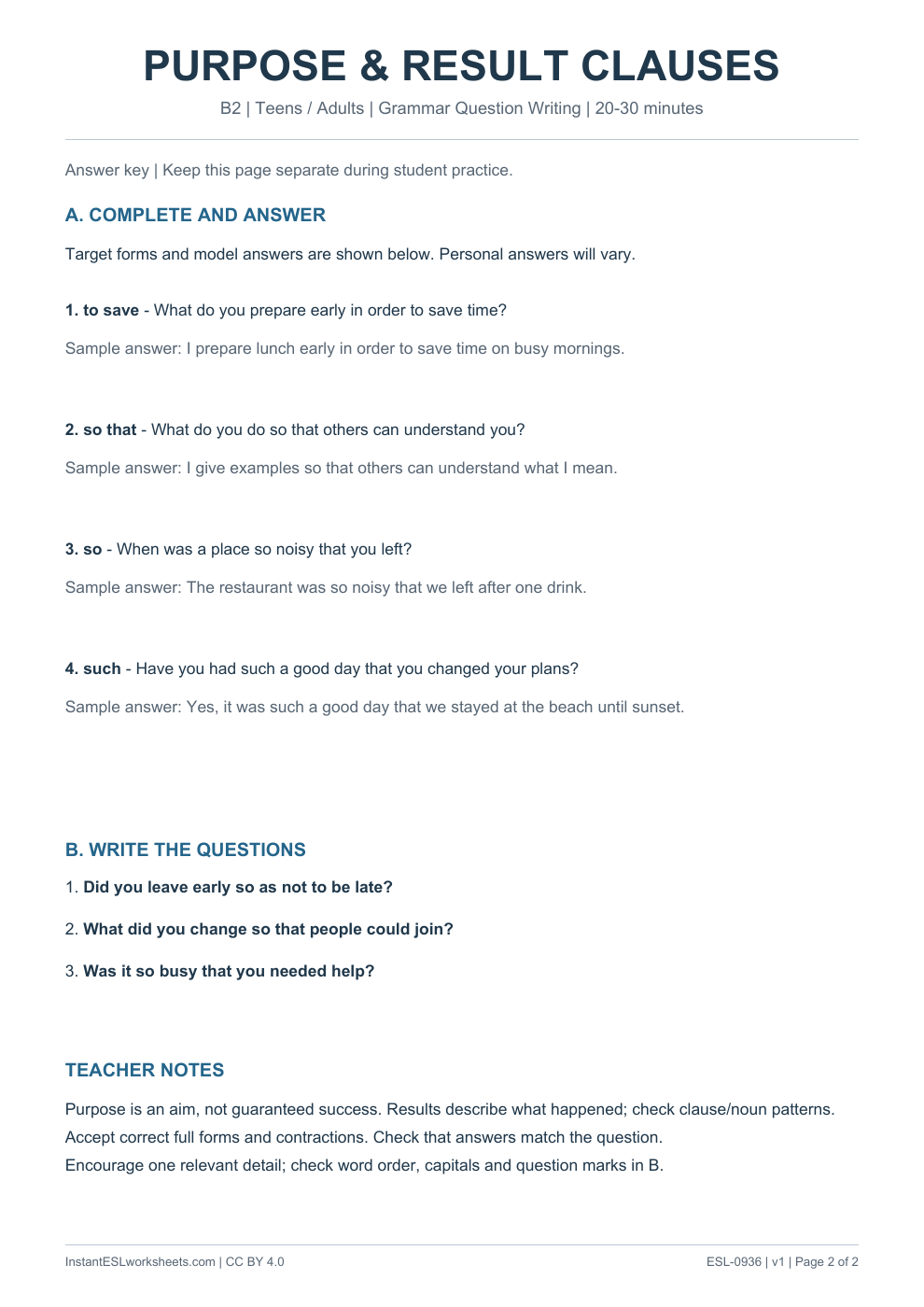 Page 2 of Purpose and Result Clauses - Grammar Question Writing - answer key