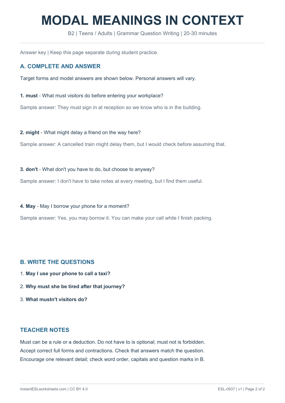 Page 2 of Modal Meanings - Grammar Question Writing - answer key