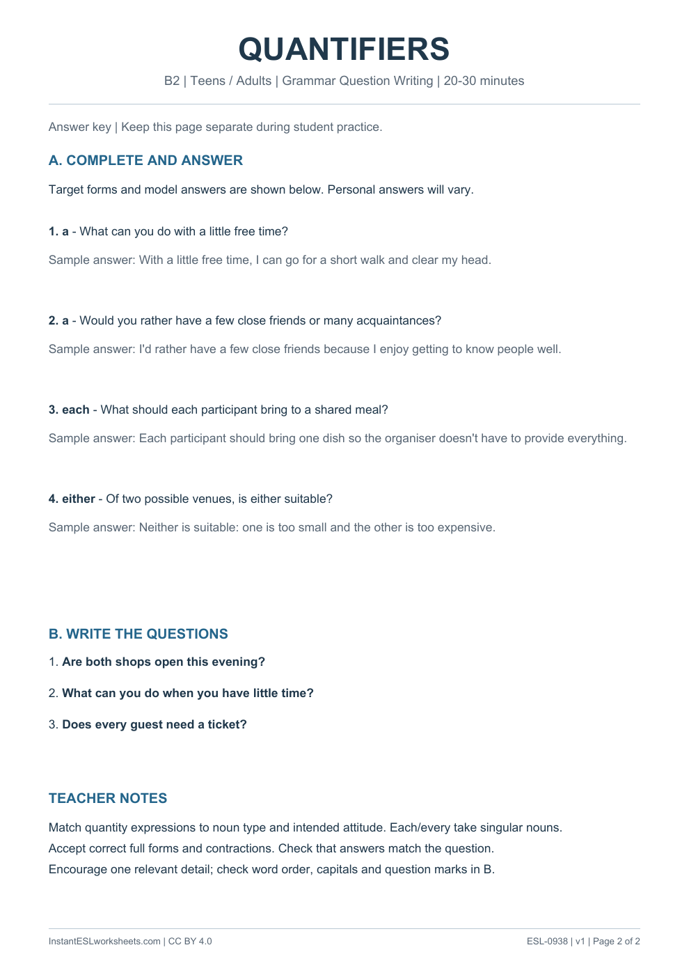 Page 2 of Quantifiers - Grammar Question Writing - answer key