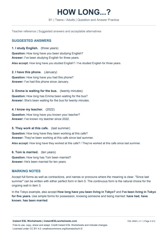 Page 2 of How Long...? - Question and Answer Practice - answer key