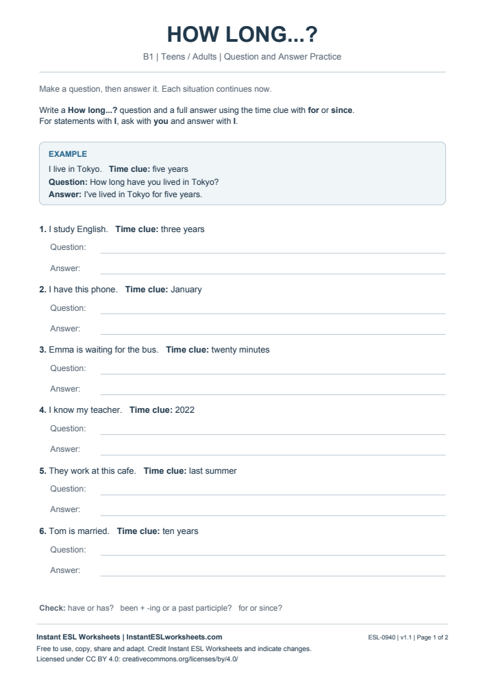 Page 1 of How Long...? - Question and Answer Practice