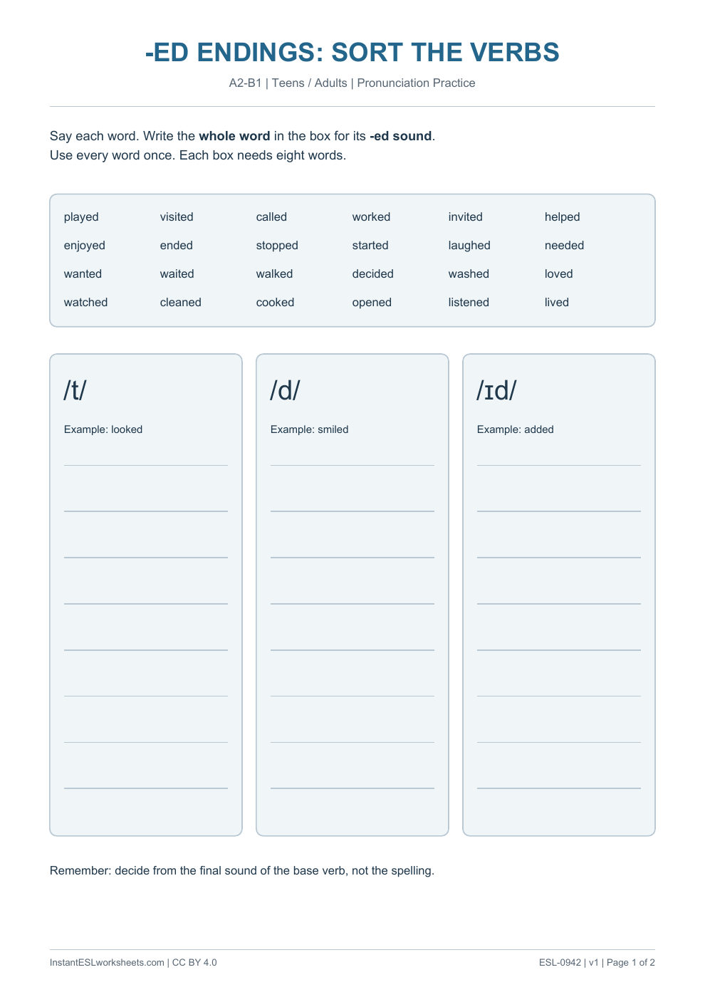 Page 1 of -ed Endings - Sort the Verbs