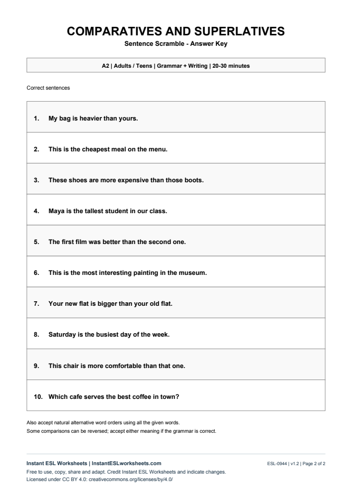 Page 2 of Sentence Scramble - Comparatives and Superlatives - answer key