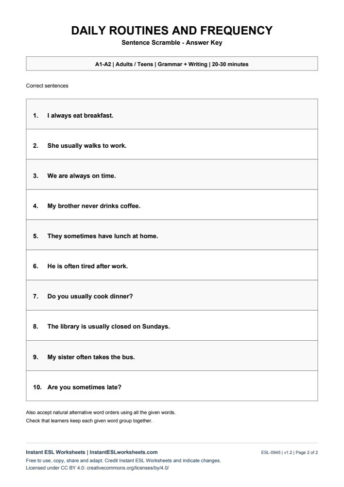 Page 2 of Sentence Scramble - Daily Routines and Frequency - answer key