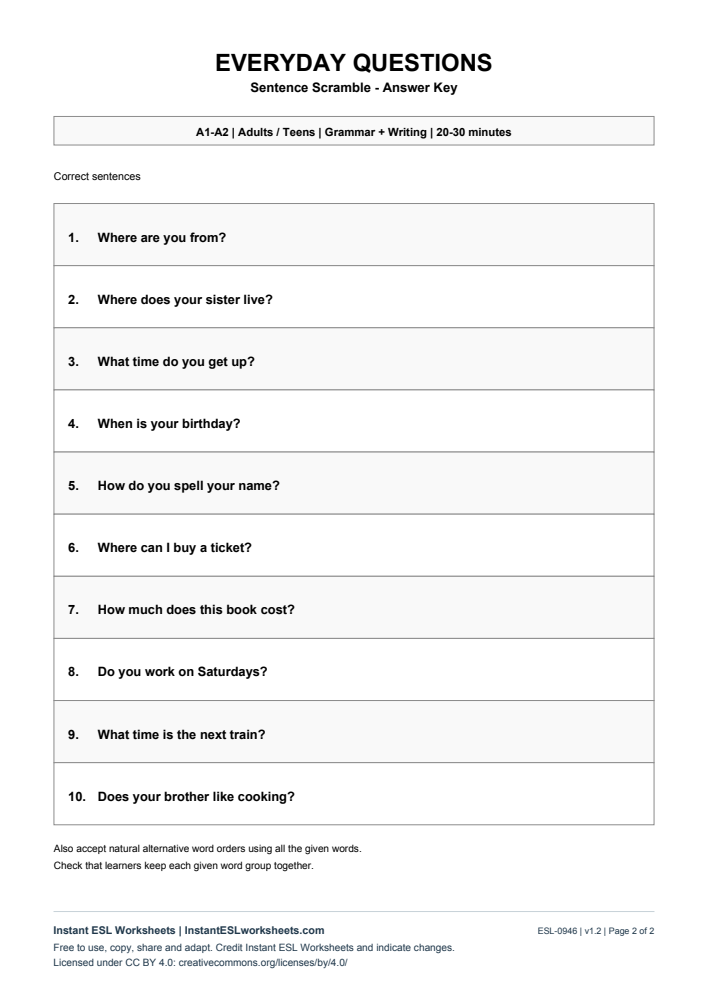 Page 2 of Sentence Scramble - Everyday Questions - answer key