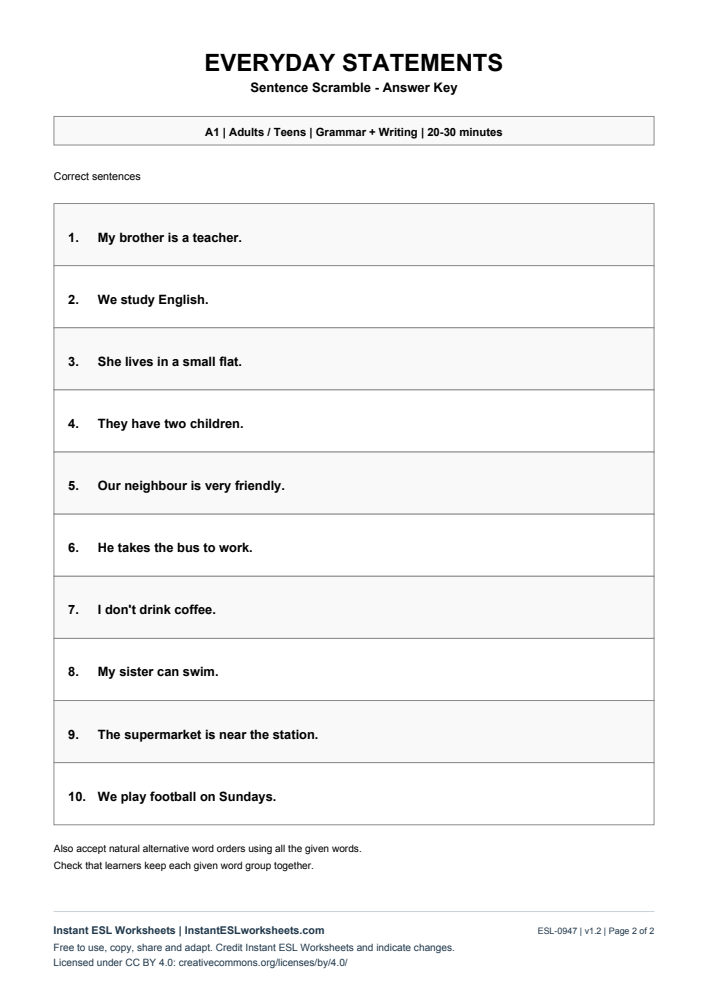 Page 2 of Sentence Scramble - Everyday Statements - answer key