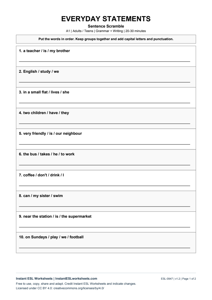 Page 1 of Sentence Scramble - Everyday Statements