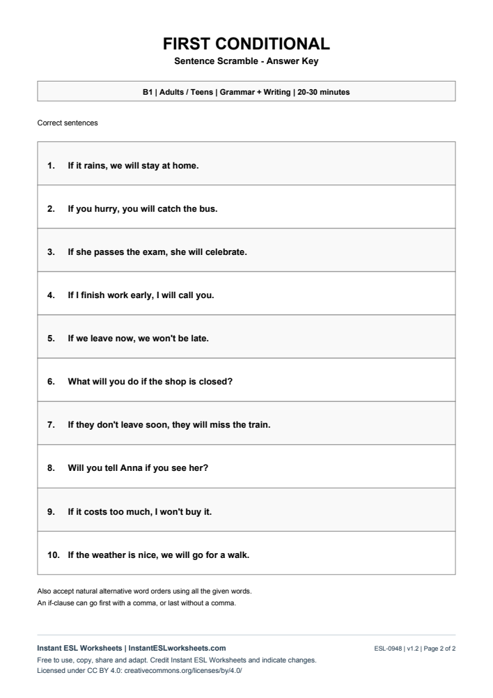Page 2 of Sentence Scramble - First Conditional - answer key