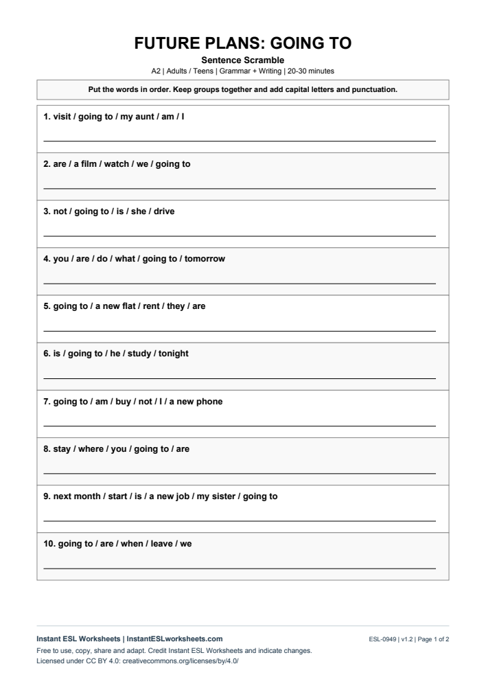 Page 1 of Sentence Scramble - Future Plans - Going To