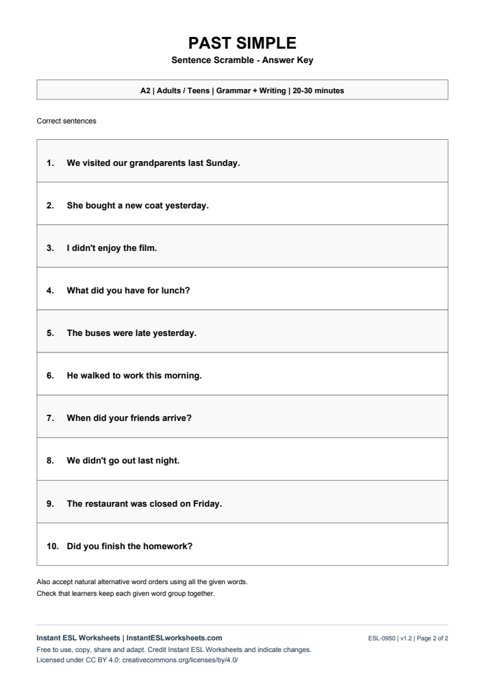 Page 2 of Sentence Scramble - Past Simple - answer key