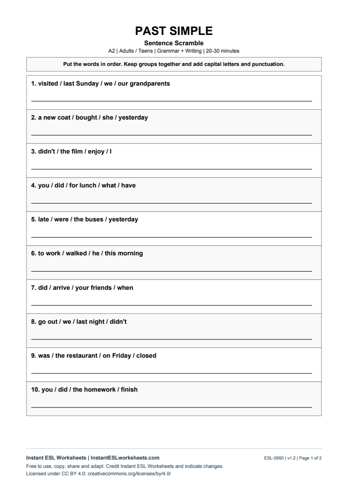 Page 1 of Sentence Scramble - Past Simple