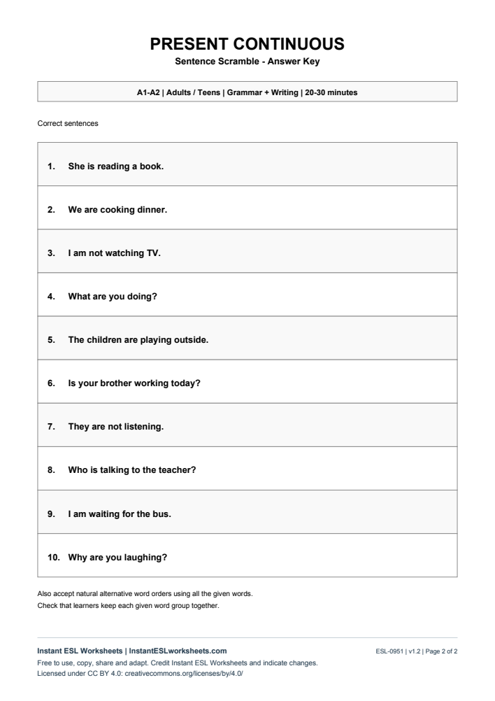Page 2 of Sentence Scramble - Present Continuous - answer key