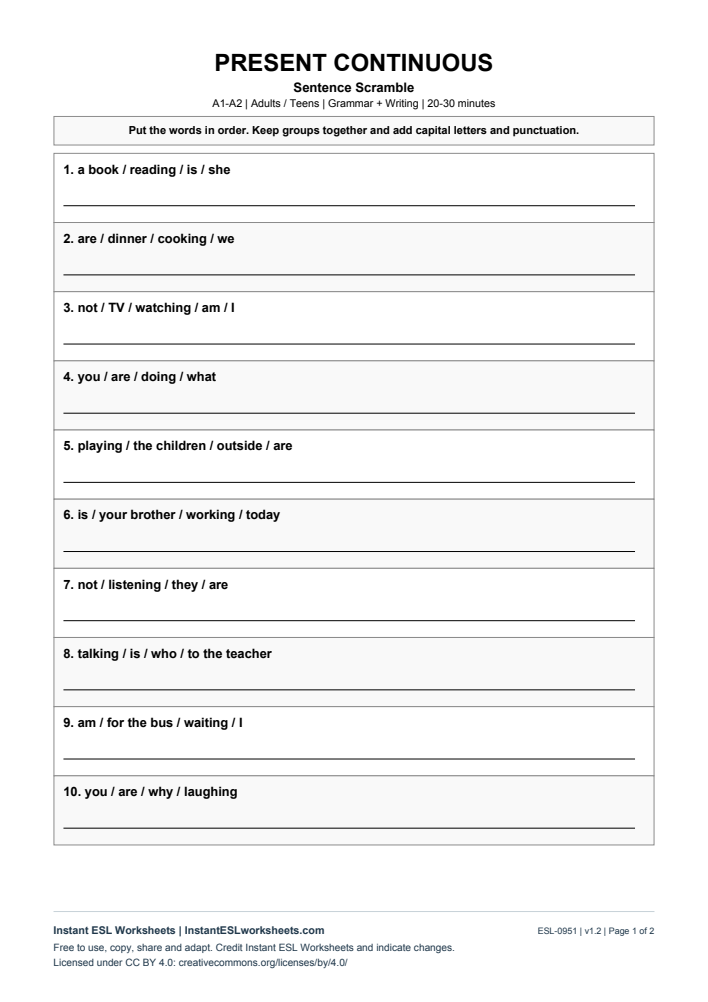 Page 1 of Sentence Scramble - Present Continuous